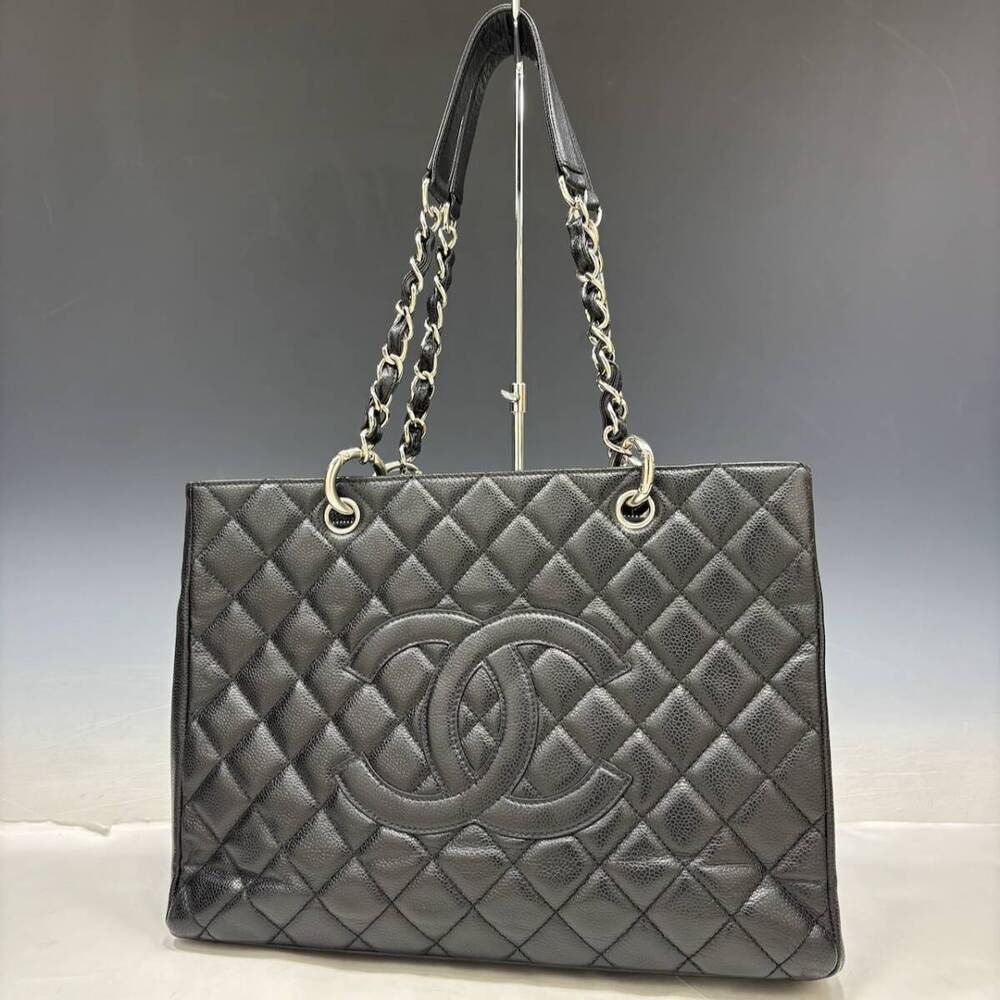 Chanel Tote bag GST Caviar skin Leather Black Coco mark Chain
